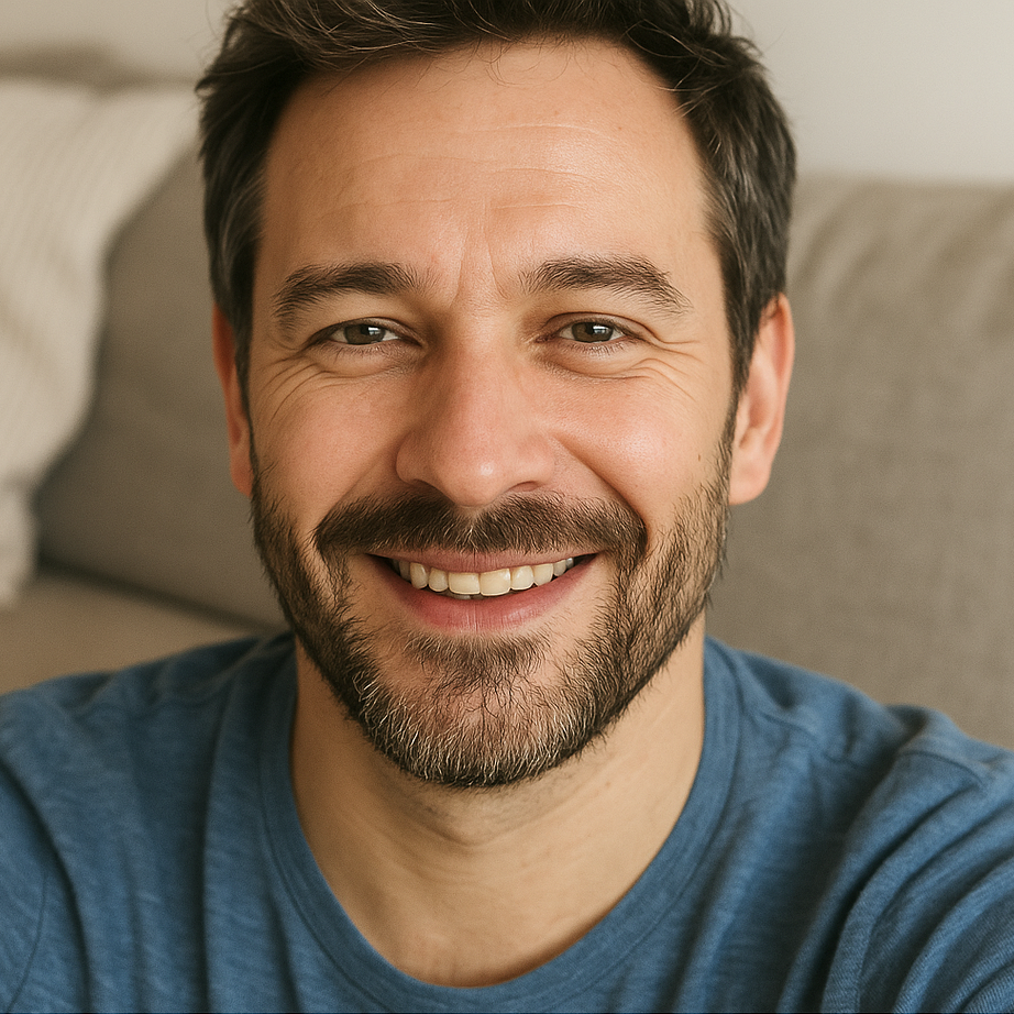 Stefan K., 43 Jahre, berichtet von seiner positiven Erfahrung mit der Testosterontherapie bei Remus Health. Das private Selfie im Wohnzimmer unterstreicht seine neue Energie und Ausgeglichenheit.