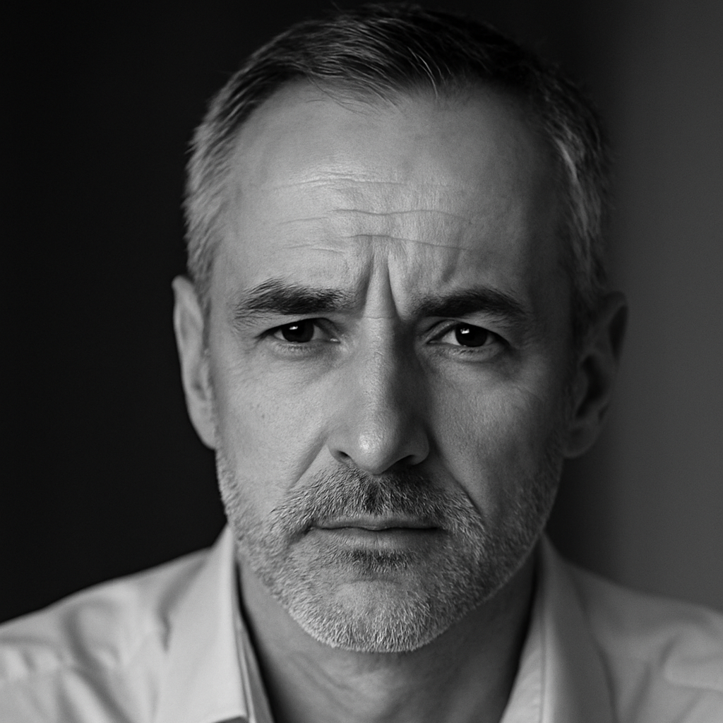 Schwarz-Weiss-Porträt von Alexander M., 55 Jahre, der seine Erfahrung mit der Testosterontherapie bei Remus Health teilt. Das kontrastreiche Foto mit ernstem Ausdruck unterstreicht die Wirkung der Behandlung.