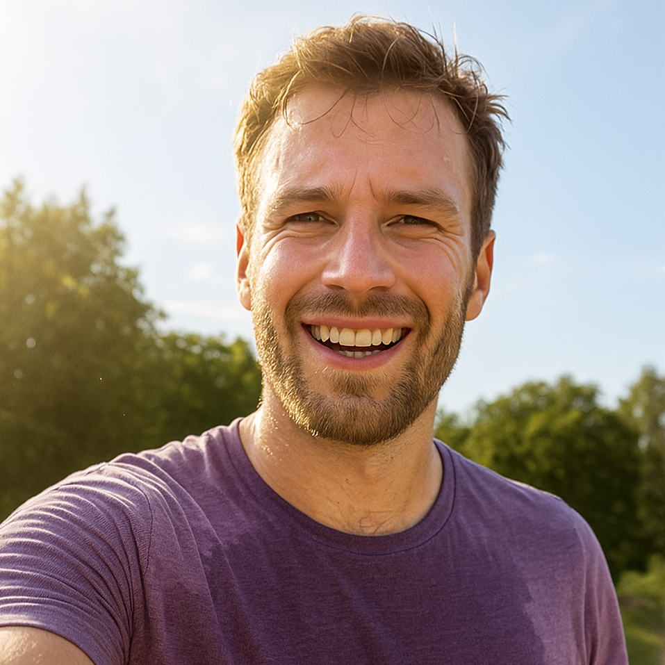 Outdoor-Selfie von Jonas L., 32 Jahre, beim Joggen mit verschwitztem Shirt. Er berichtet über seine positive Erfahrung mit der Testosterontherapie bei Remus Health, aufgenommen in der Sonne mit natürlichem Hintergrund.