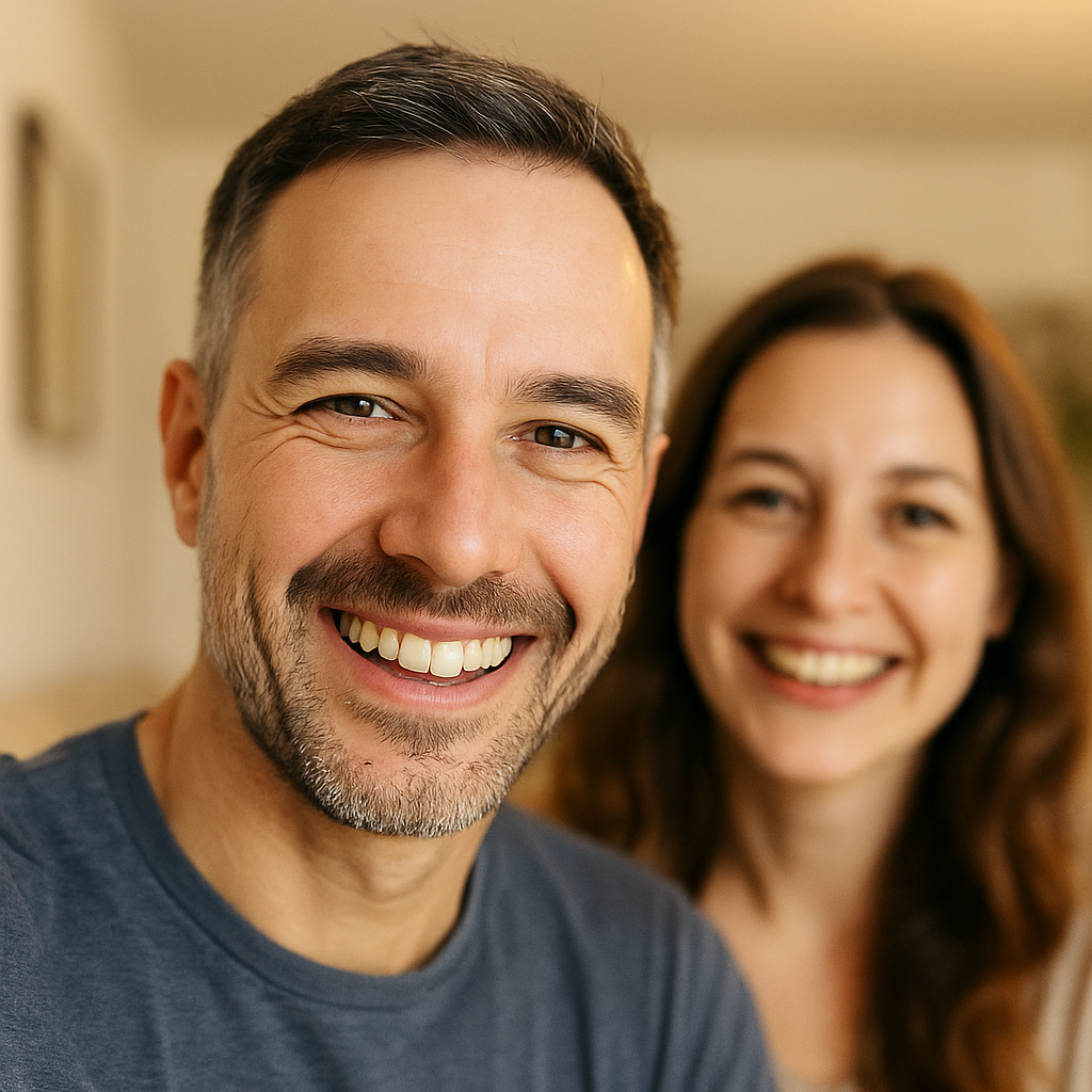 Marco B., 41 Jahre, lachendes Selfie mit seiner Frau im Hintergrund. Dieses private Paarfoto zeigt ihre gemeinsame Freude und unterstreicht Marcos positive Erfahrung mit der Testosterontherapie bei Remus Health.