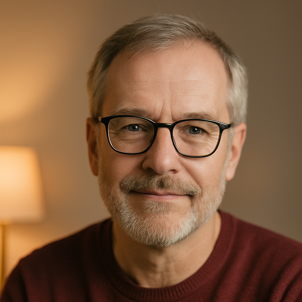 Harald G., 57 Jahre, im warmen Portrait mit Brille und gemütlicher Lampe im Hintergrund. Das weiche Licht unterstreicht seine positive Erfahrung mit der Testosterontherapie bei Remus Health.