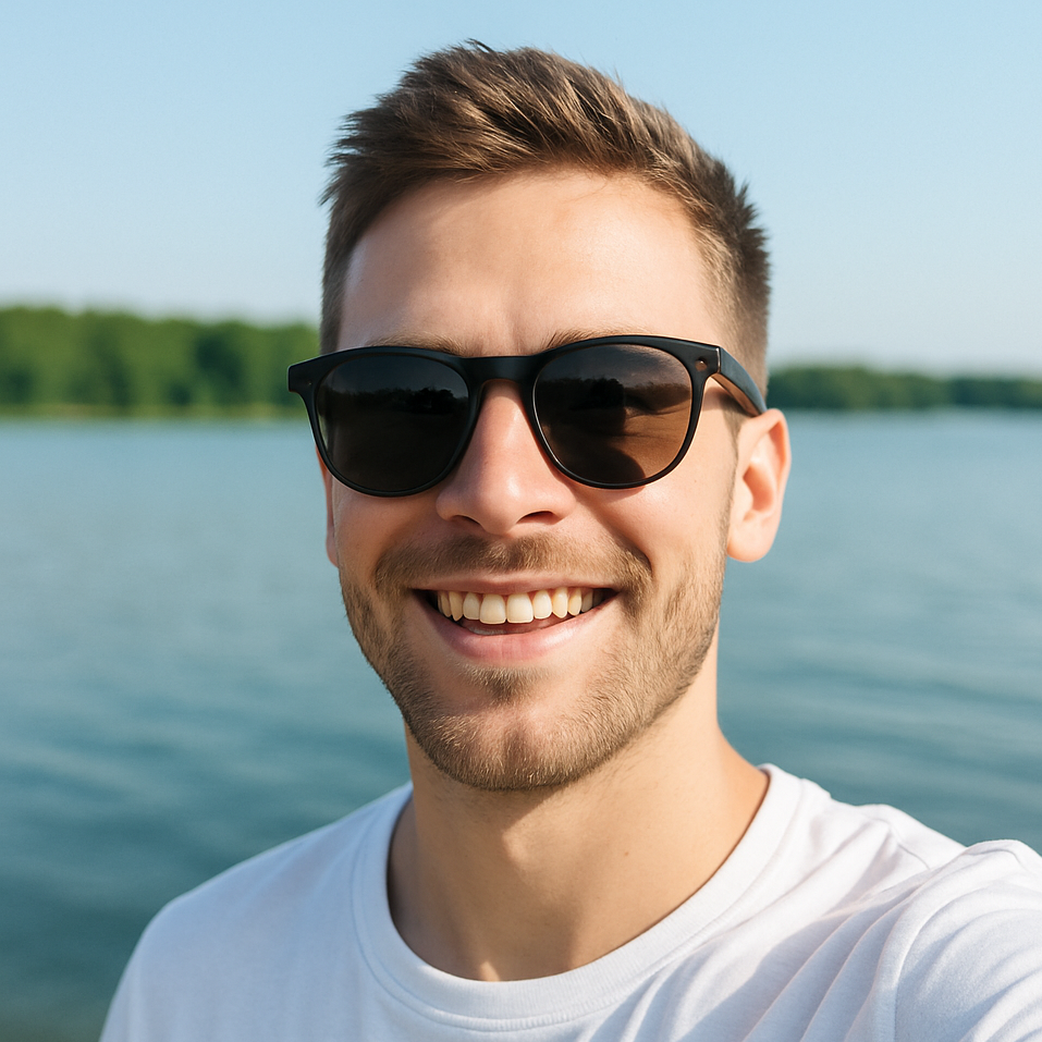Fabian L., 29 Jahre, entspanntes Selfie am See mit Sonnenbrille und weissem T-Shirt. Das helle Outdoor-Foto unterstreicht seine jugendliche Ausstrahlung und seine positive Erfahrung mit der Testosterontherapie bei Remus Health.