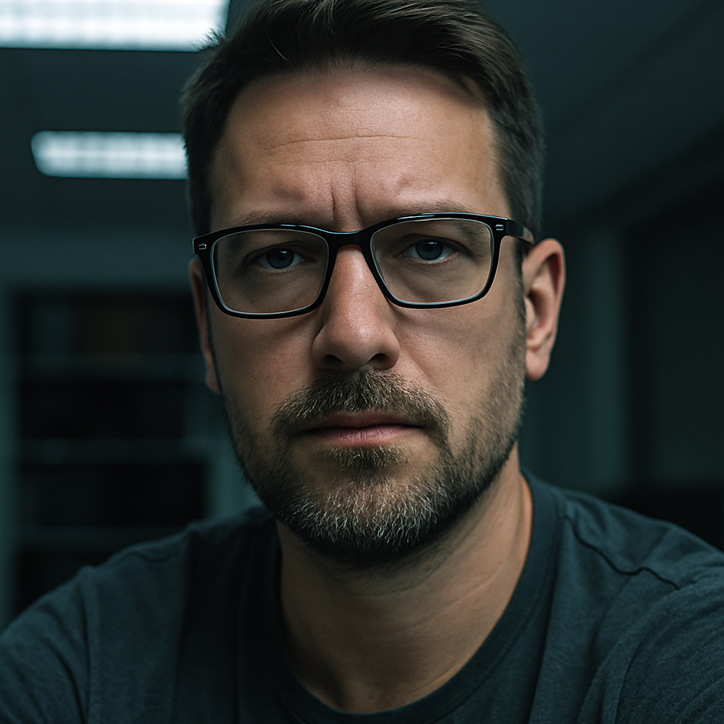 Markus K., 47 Jahre, Büro-Selfie unter Neonlicht. Das etwas unterbelichtete Foto wirkt roh und realistisch und unterstreicht seine authentische Erfahrung mit der Testosterontherapie bei Remus Health.