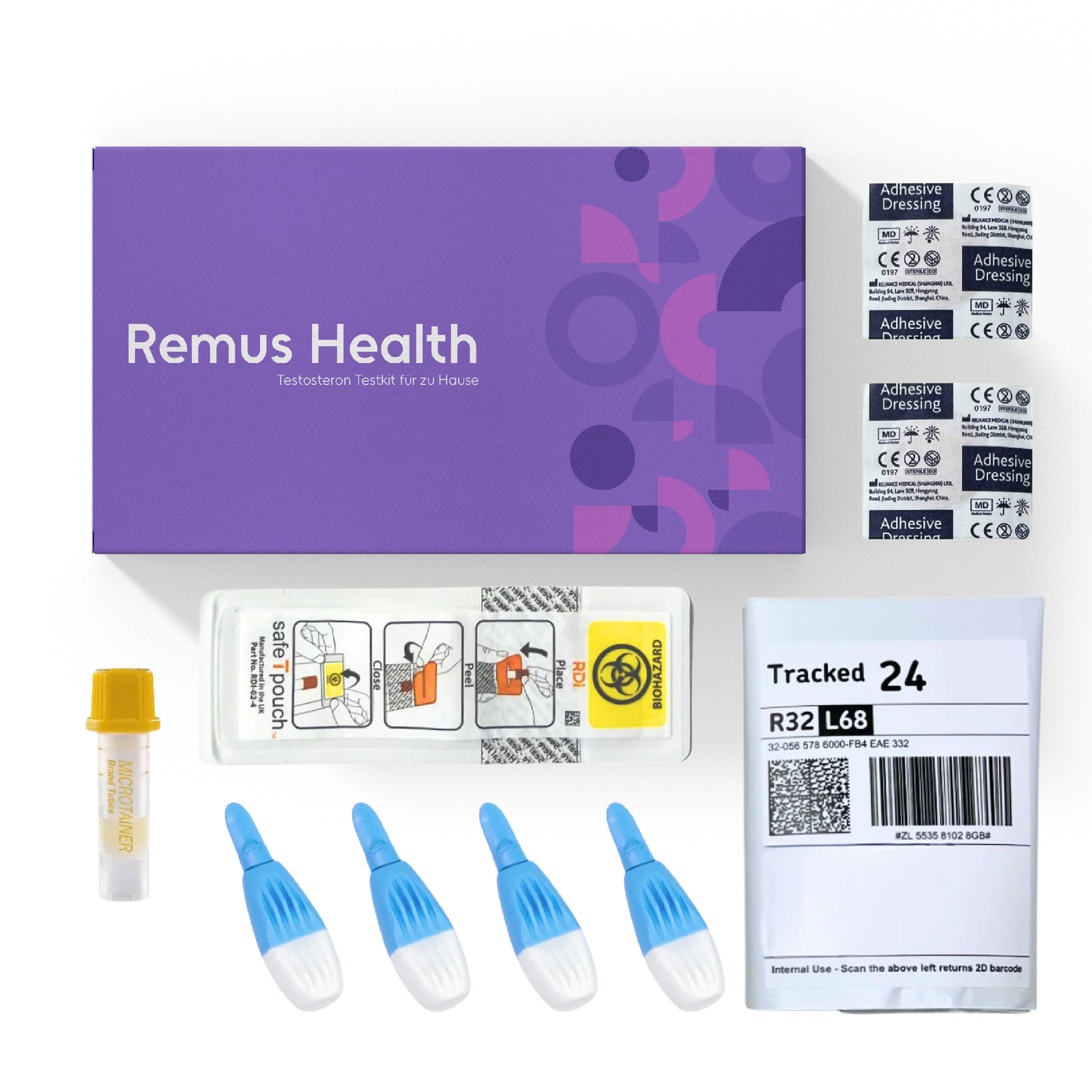 Inhalt des Remus Health Testosteron Testkits für zuhause mit Lanzetten, Röhrchen, Pflastern und Rücksendeumschlag.